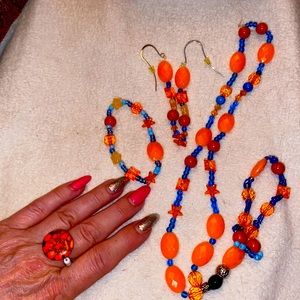 Beautiful Vintage beaded bracelet, earring, ring, necklace set.